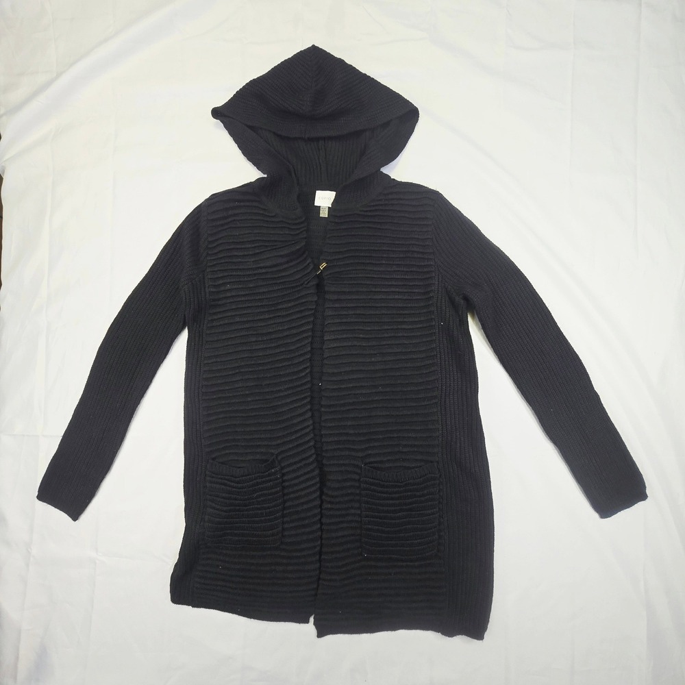 Cupio Women Medium Hooded Cardigan Sweater Size M Black Ribbed Knit Toggle Front